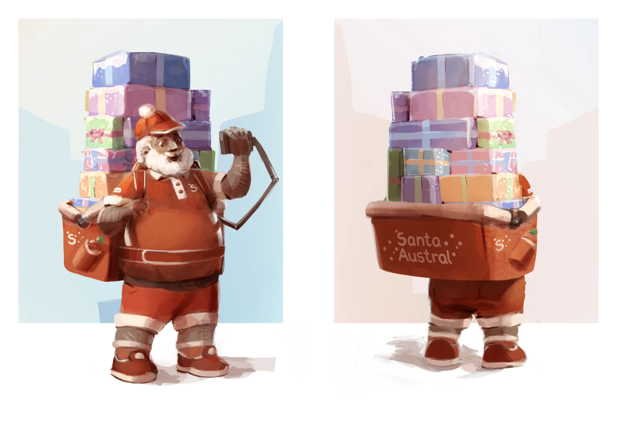 Selected front and back concept for Gelso carrying gifts as a Santa Austral.