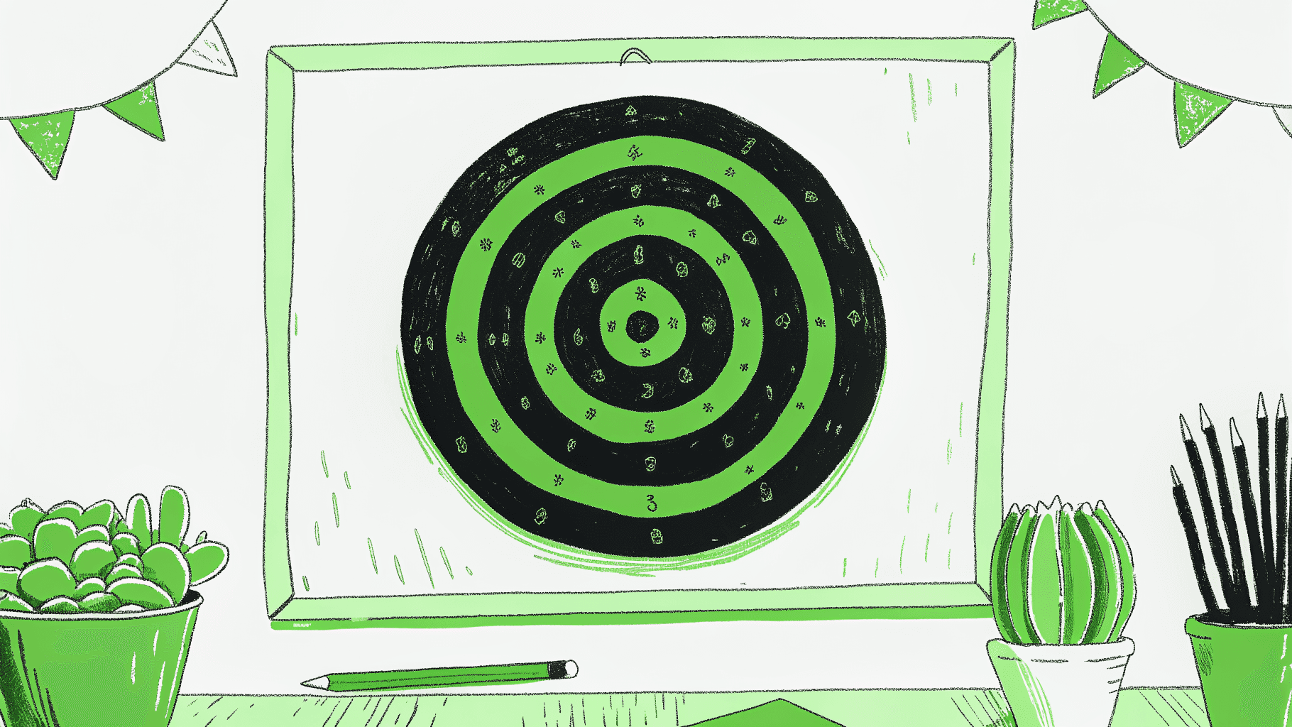 Target board showing dense cluster of pins at bull's-eye versus sparse outer-ring applicants, Yale pennant nearby