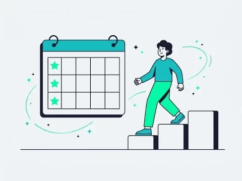 Illustration of a person climbing steps beside a calendar with a star on each Monday