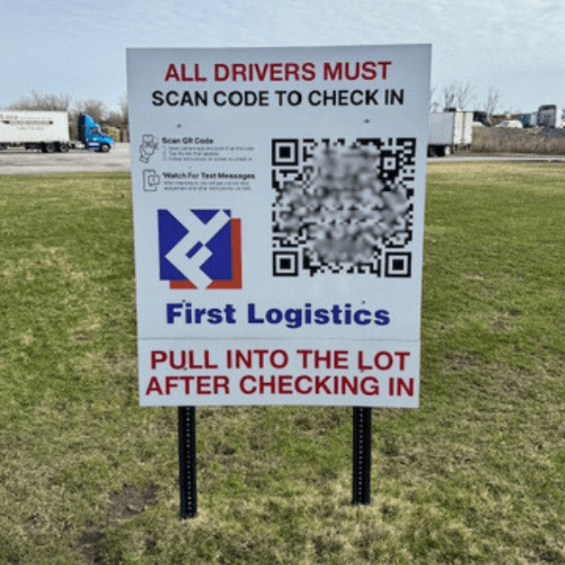 QR code sign for Conduit's driver check-in at a First Logistics warehouse, allowing drivers to check in from their cab