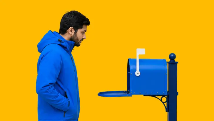 Man in blue jacket looking into an open blue mailbox against a yellow backdrop.