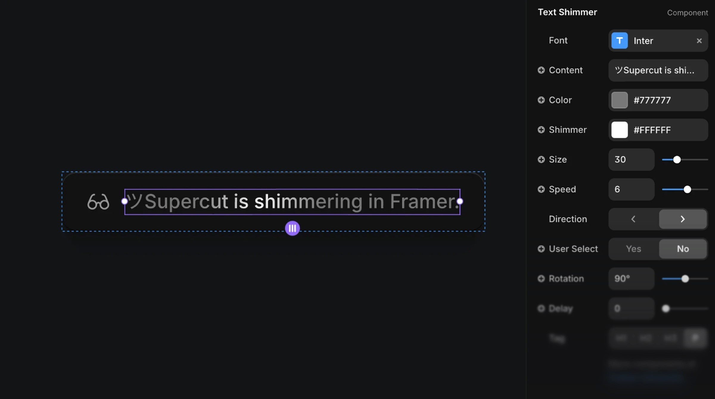 Framer interface showing text shimmer settings with Inter font and color controls