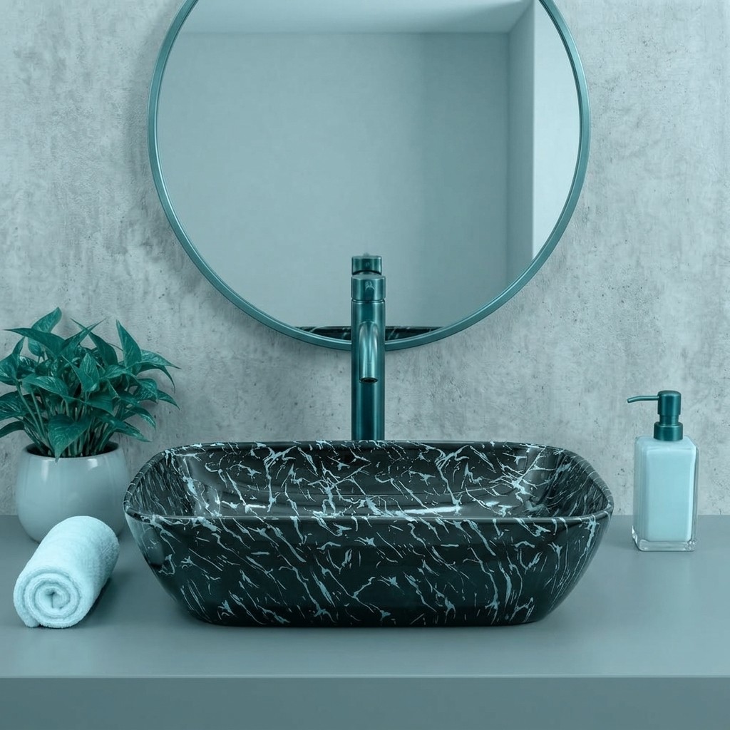 Modern dark marble washbasin with a sleek black faucet.