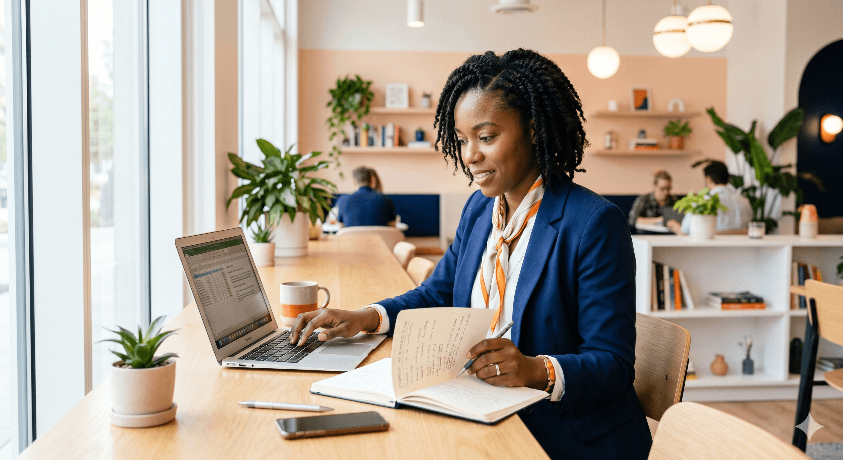 Future entrepreneure préparant sa création d'entreprise avec un bilan de compétences