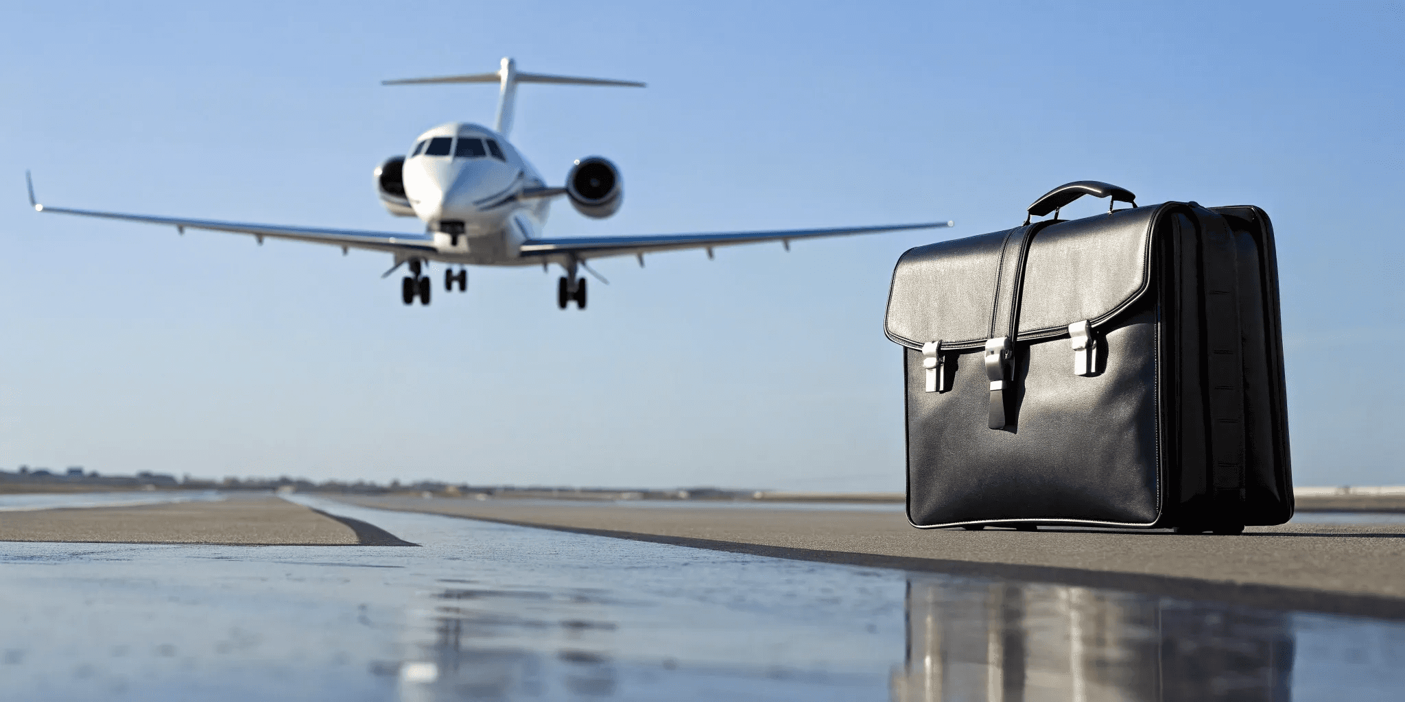 Luxury private jet parked on the runway beside a black executive car, representing premium private aviation and seamless travel service.