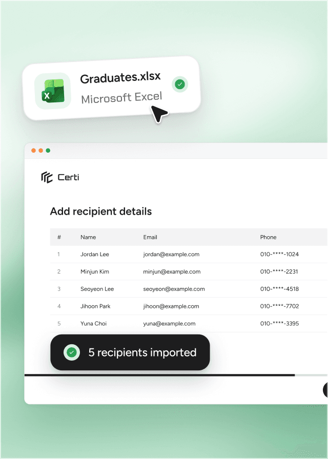 Importing 'Graduates.xlsx' into the recipient table in Certi's admin console, with a '5 recipients imported' notice