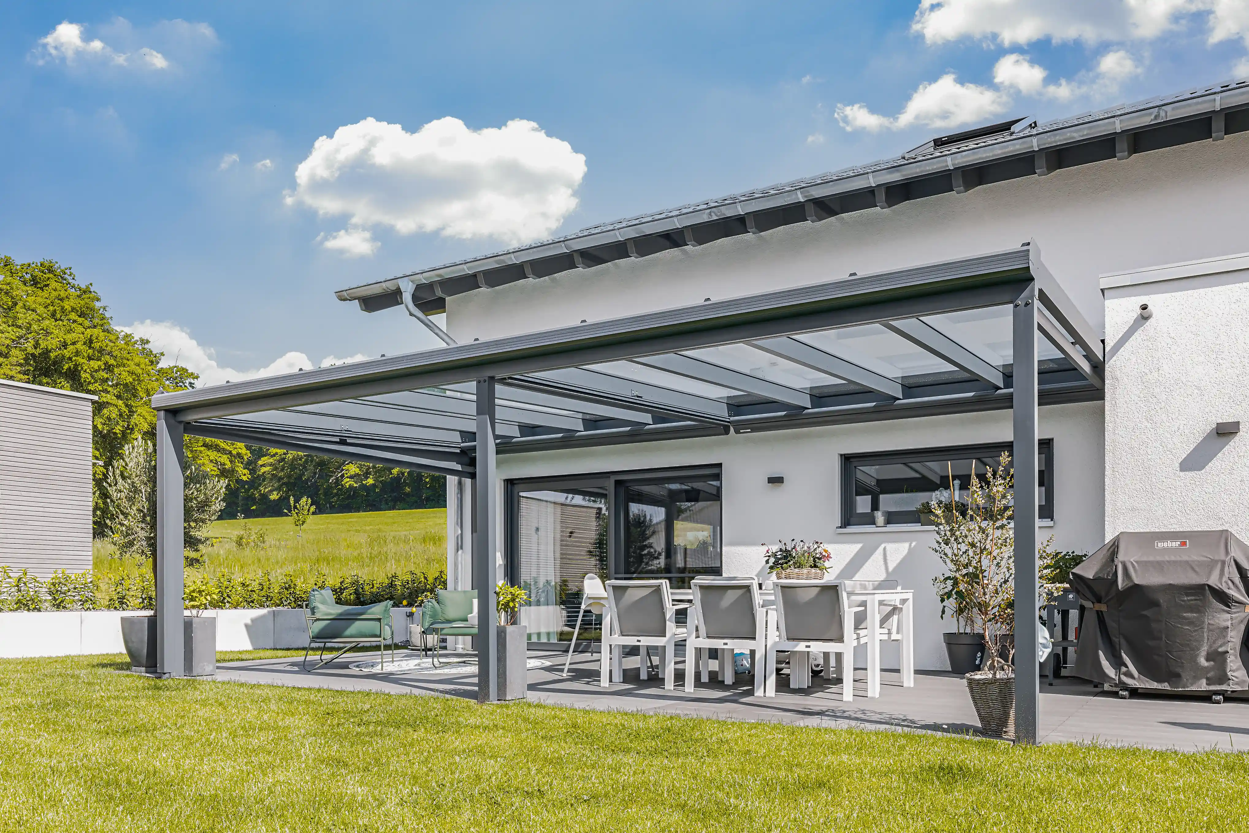 Terrassendach aus Glas auf 3 Stützen