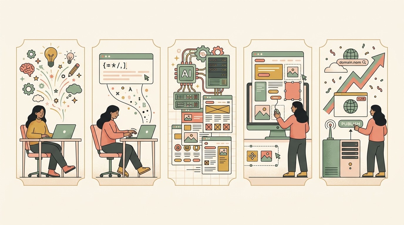 Flat illustration showing the five-step process of building a small business website with CatDoes AI