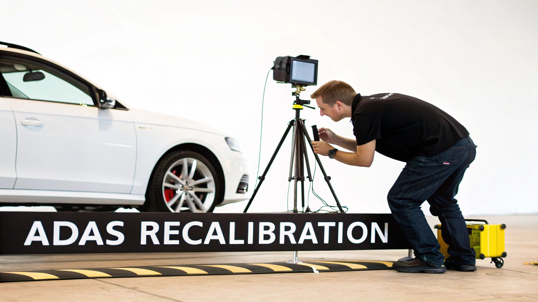 Technician recalibrating the ADAS system of a white car with specialized equipment on a tripod.