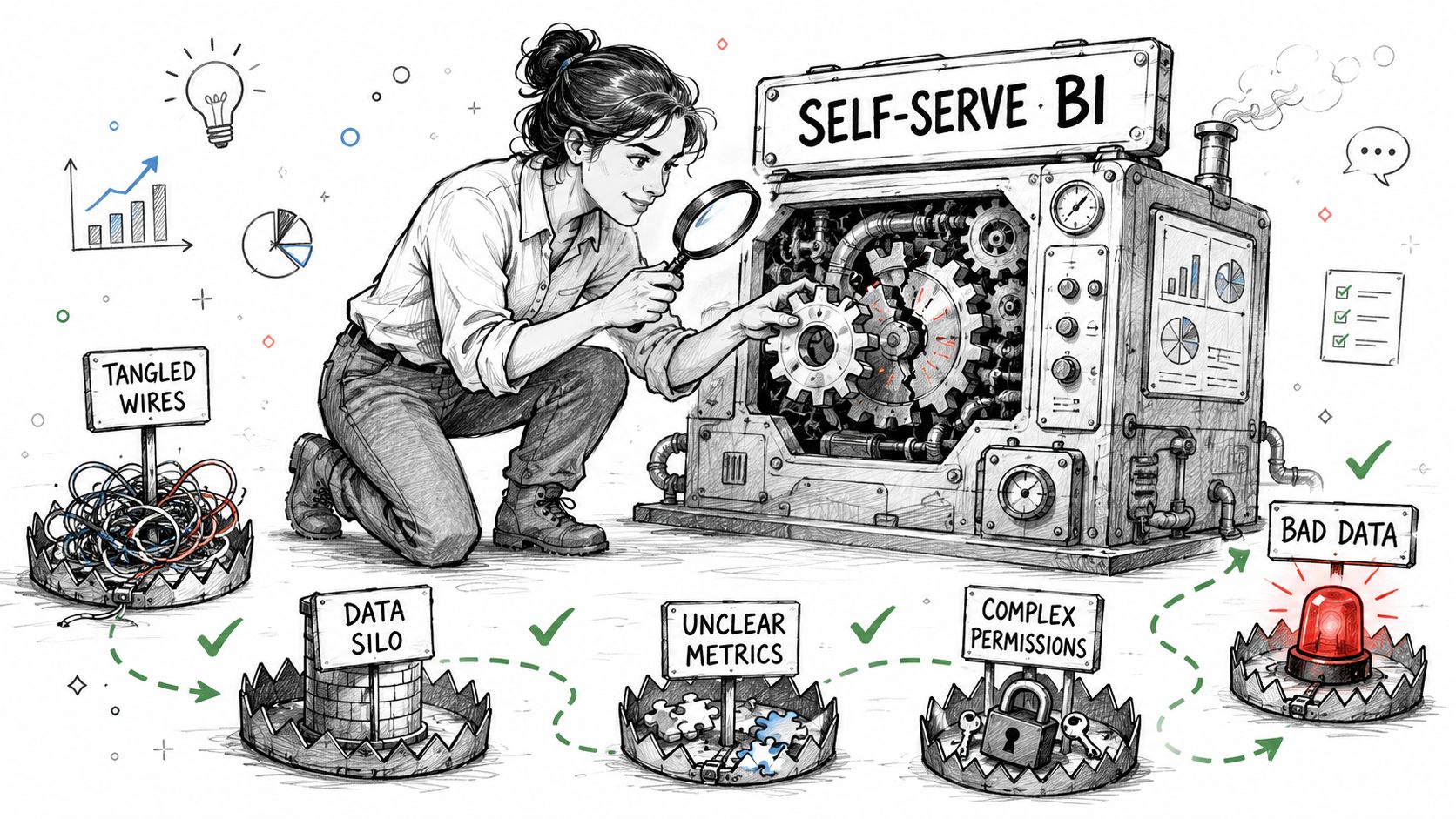 A woman inspecting a complex Self-Serve BI machine while avoiding various data management traps and hurdles.