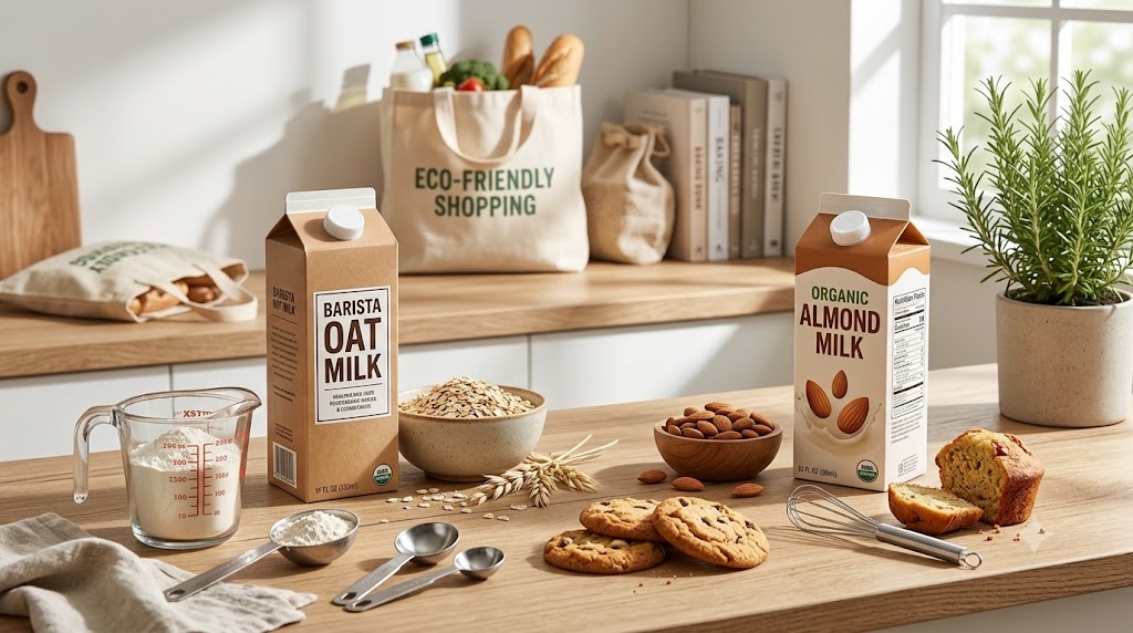 Compare oat milk and almond milk for baking with this kitchen scene featuring cartons of 'BARISTA OAT MILK' and 'ORGANIC ALMOND MILK', bowls of rolled oats and whole almonds, measuring tools, flour, and fresh-baked cookies, all under bright natural light on a modern wooden countertop.