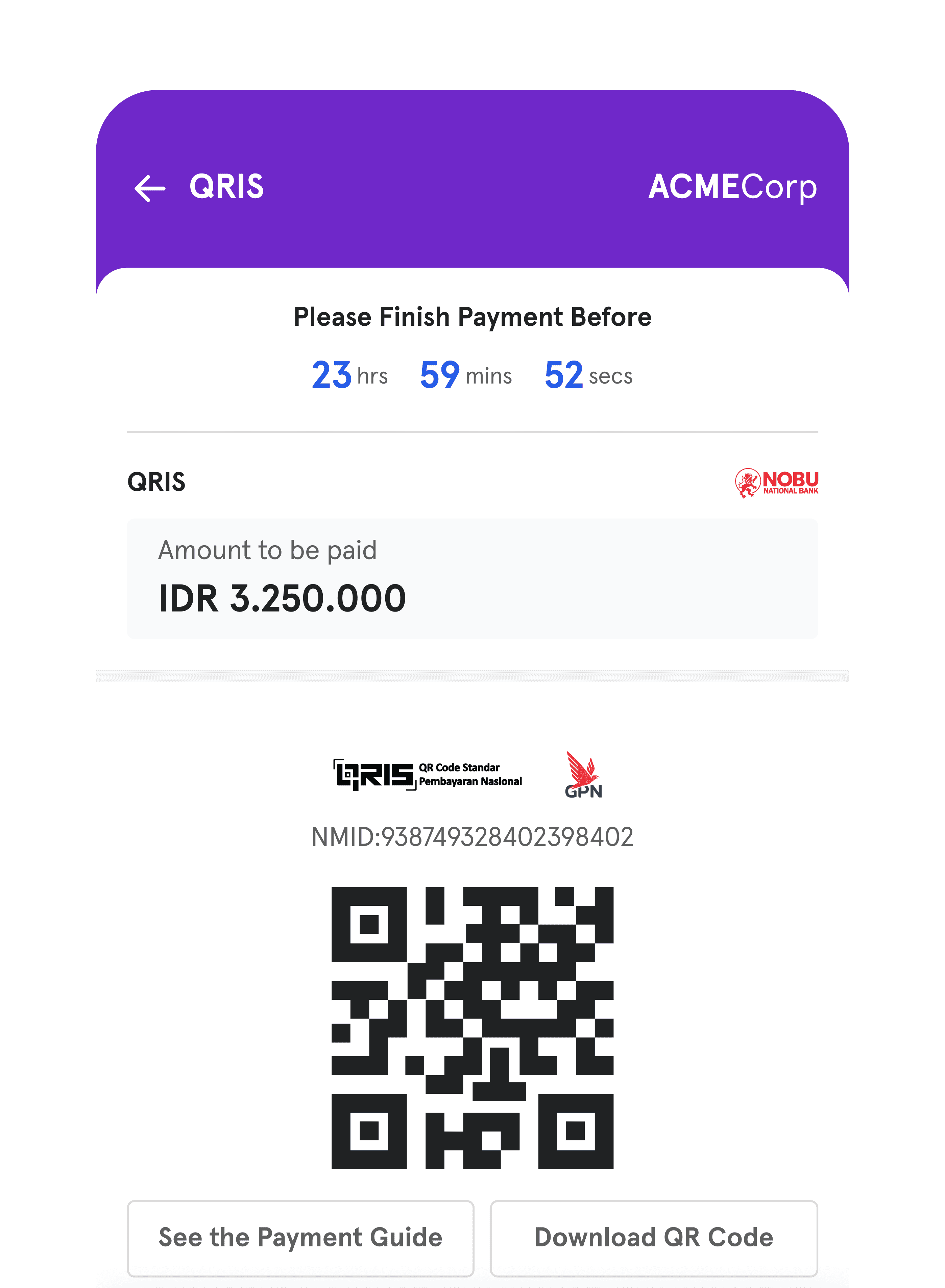 Durianpay checkout page showing QR code for customers to pay using QRIS