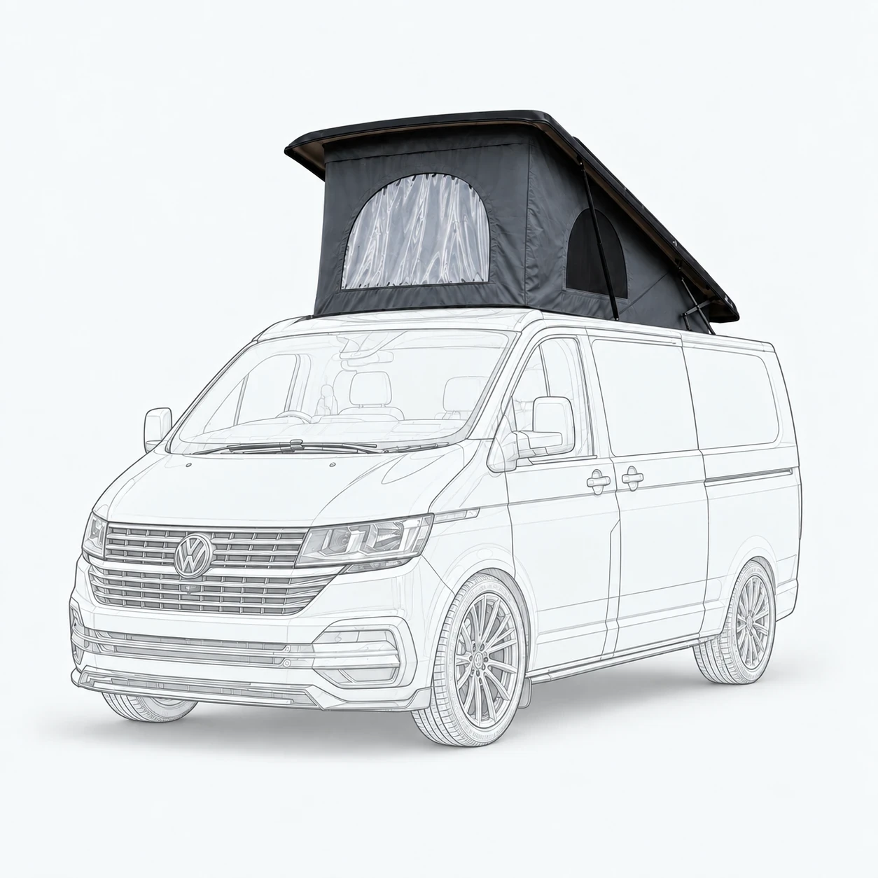 VW Transporter illustration highlighting a raised black pop-top roof