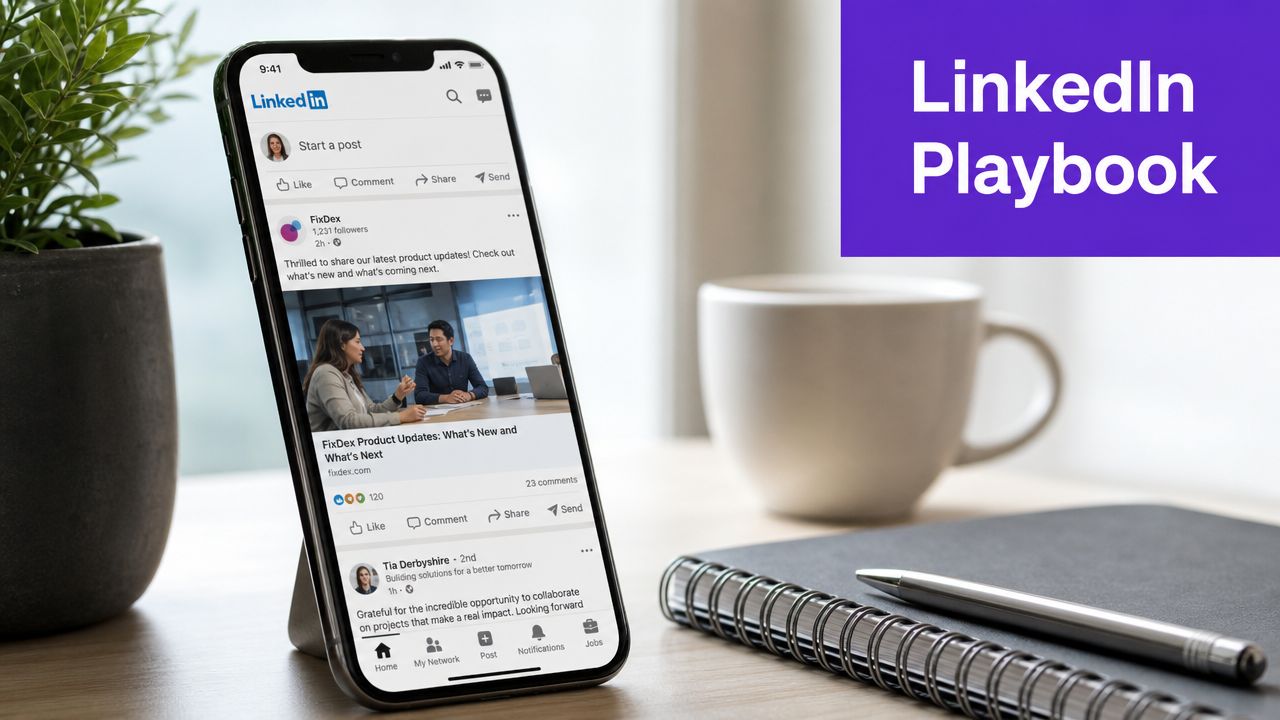 A smartphone displaying a LinkedIn feed on a wooden office desk next to a notebook and pen.