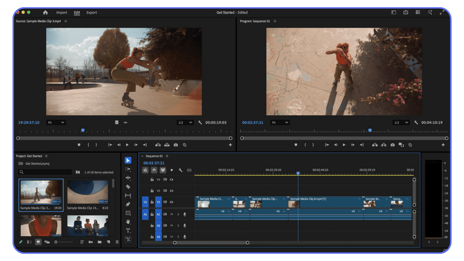 Adobe Premiere Pro interface showing an active timeline, source monitor, and program monitor during video editing