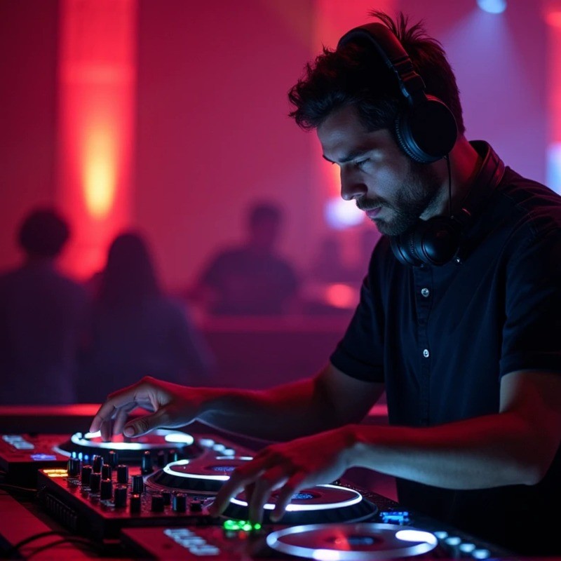 DJ mixant aux platines lors d'une soirée aux lumières colorées