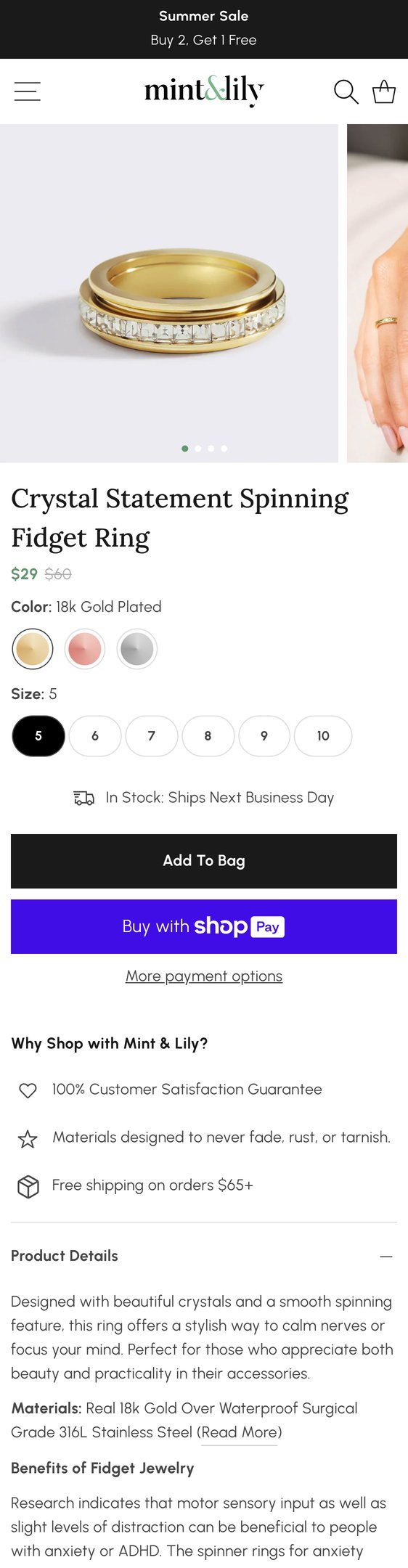 Jewelry product options include: ring for Crystal Statement Spinning Fidget Ring from Mint & Lily.