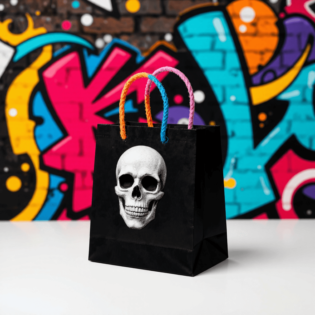 product photography of a decorative shopping bag featuring a character design, suitable for carrying items.
