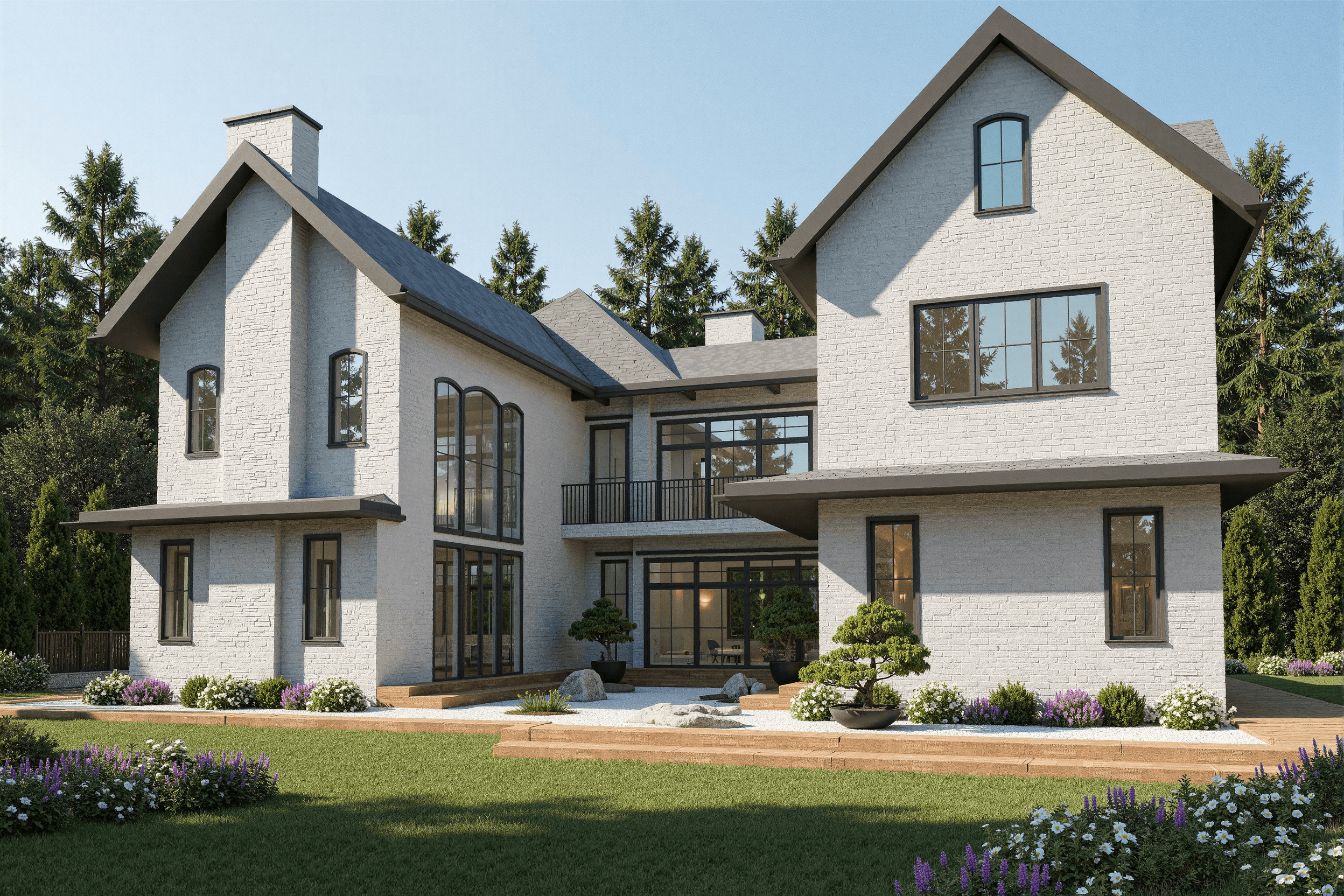 brick veneer-white-new england-detached garage-driveway-chimney-modern-minimalist-cfs-framing-hopkinton-ma-mava-courtyard-zen garden-overhangs-double height-window