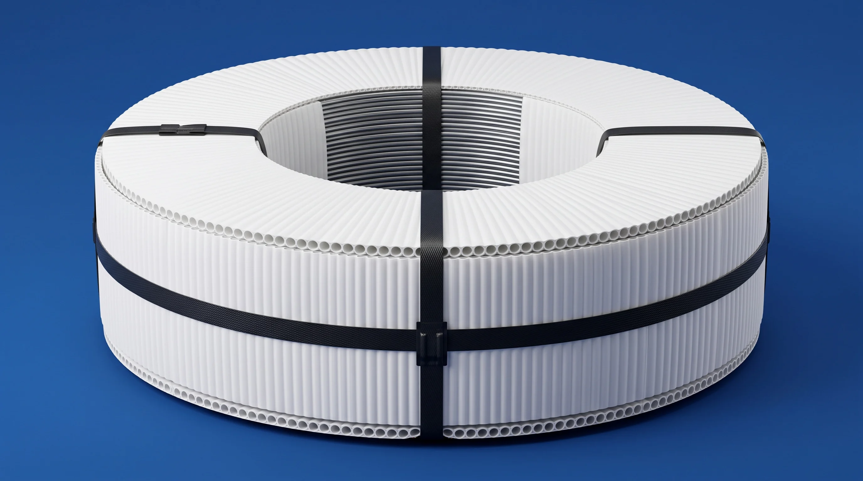 Steel wire coil wrapped in PP corrugated protection sheet secured with straps