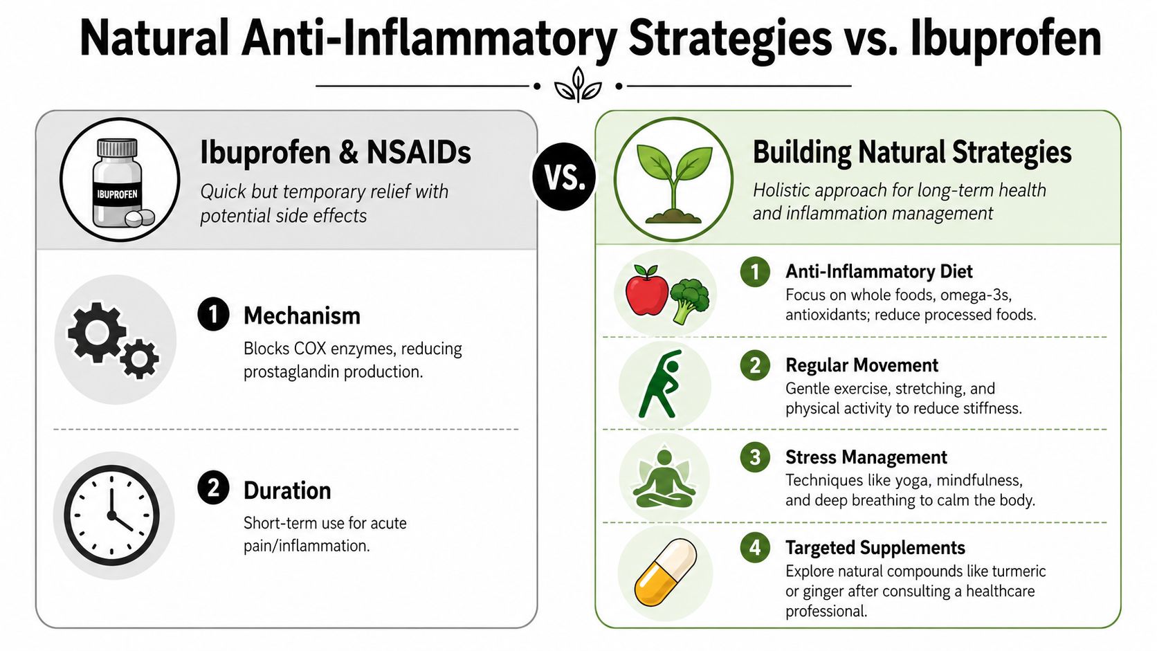 A comparison chart showing the differences between using Ibuprofen and natural anti-inflammatory strategies for health management.
