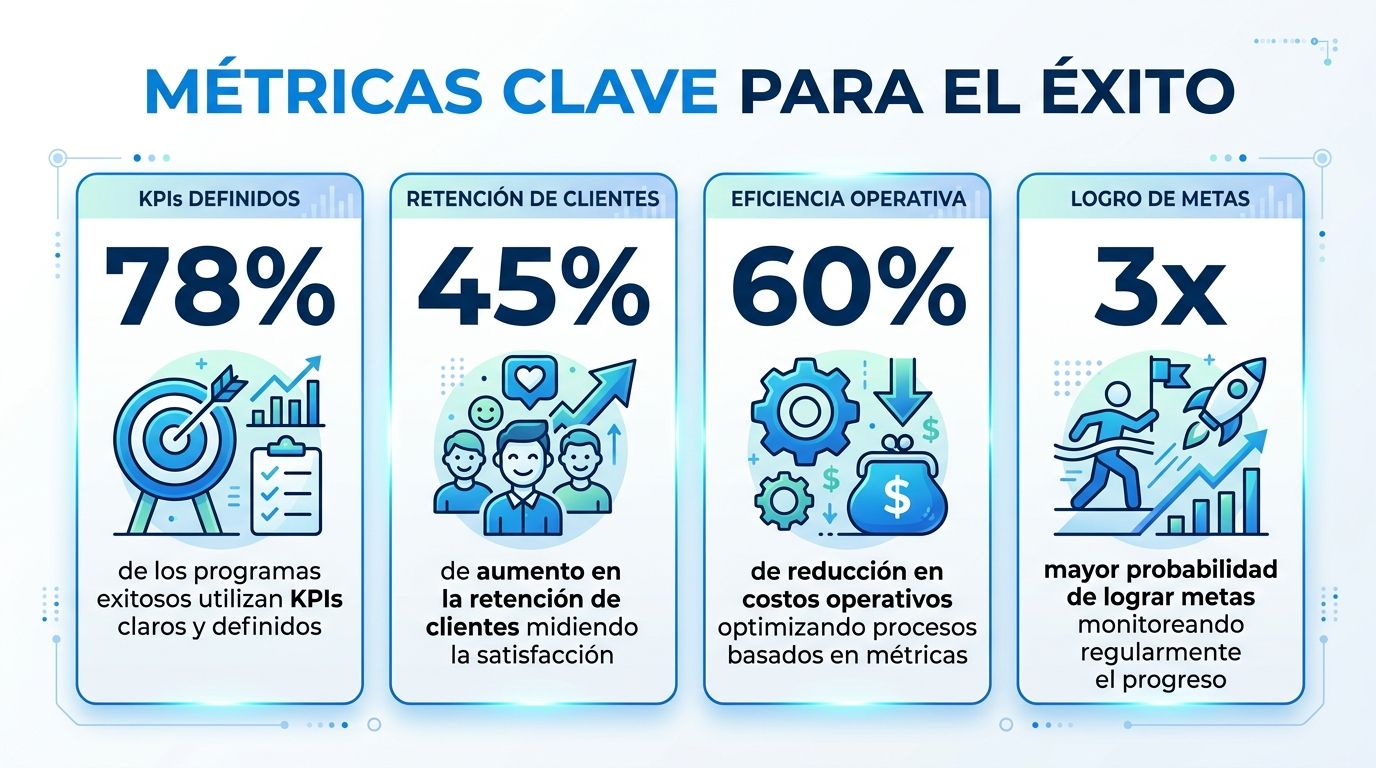 Infografía que muestra las métricas clave de un programa de lealtad: retención, frecuencia, CLV y ROI.