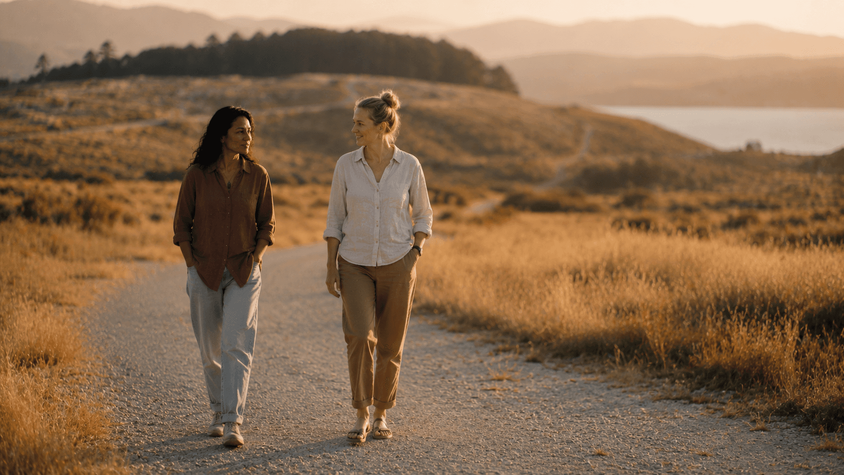Couple walking side by side through golden New Zealand countryside, growing together as partners