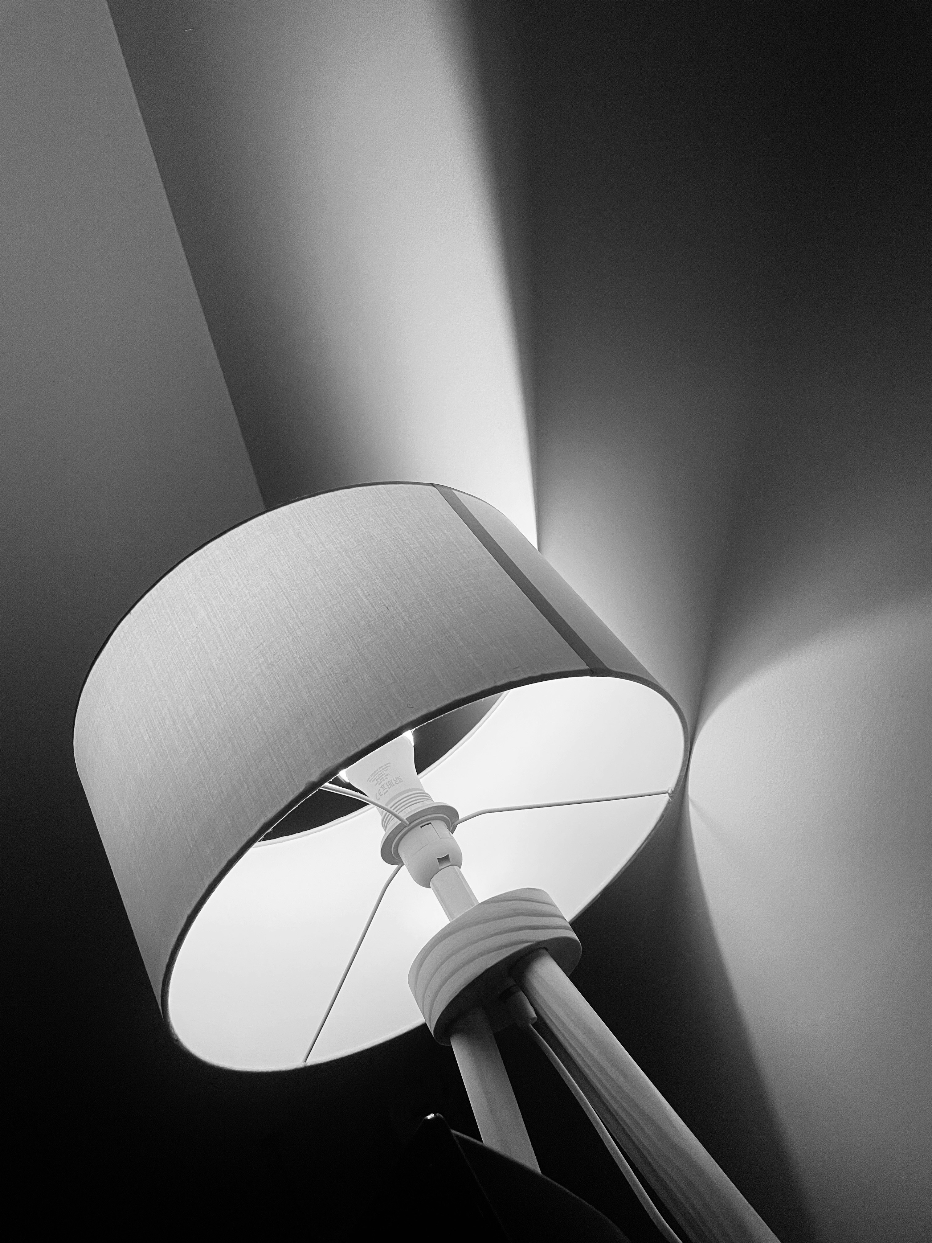 A modern lamp with a fabric shade illuminates a wall.