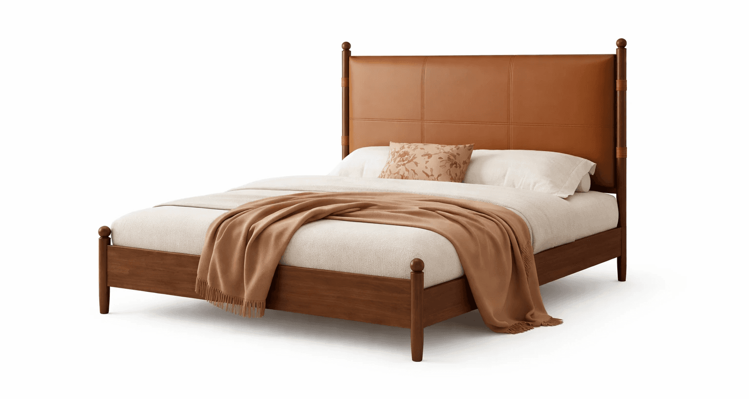 Minimal wooden bed featuring a straight headboard and clean rectangular proportions