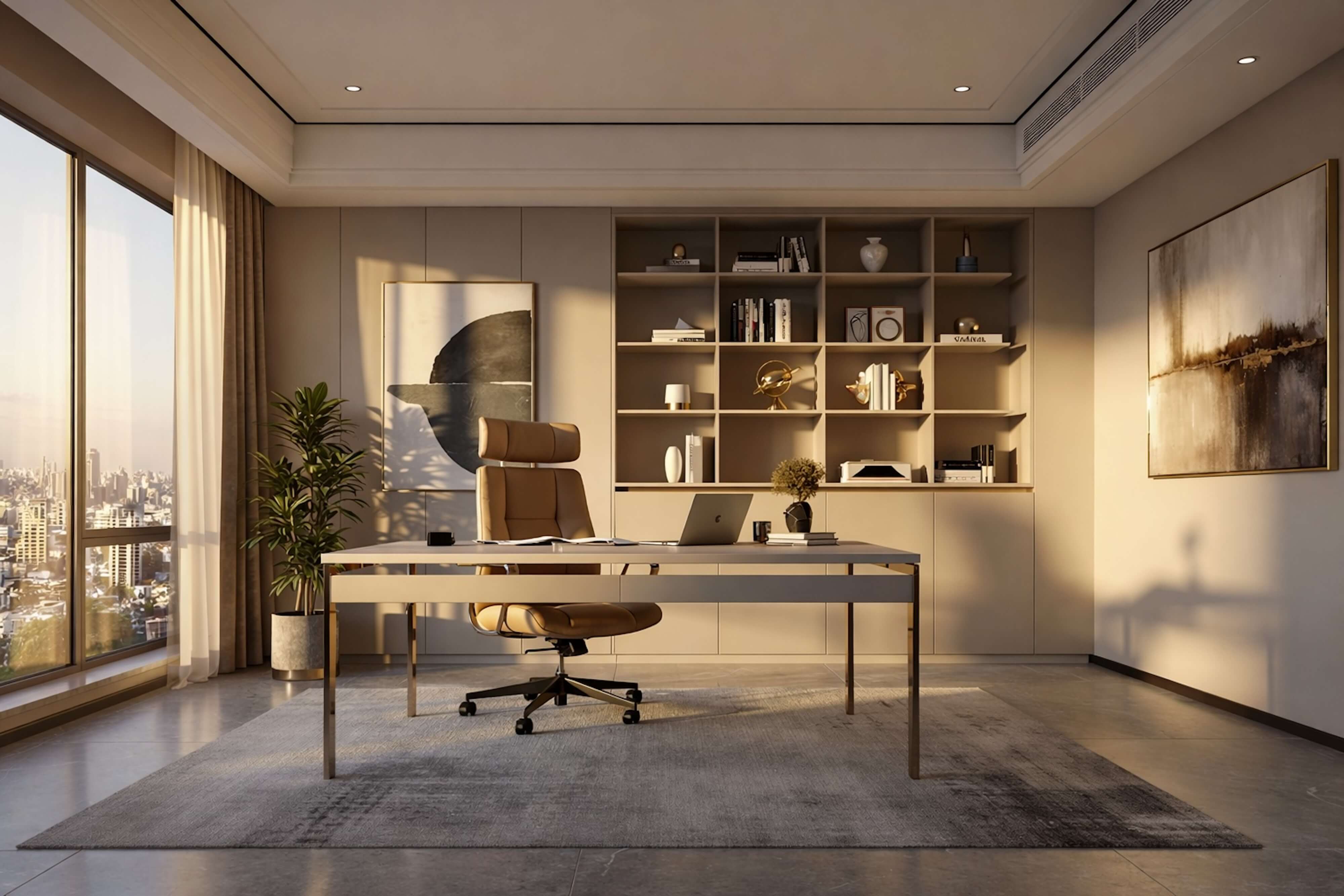 Luxury home office with built-in shelving, neutral palette, and city skyline view