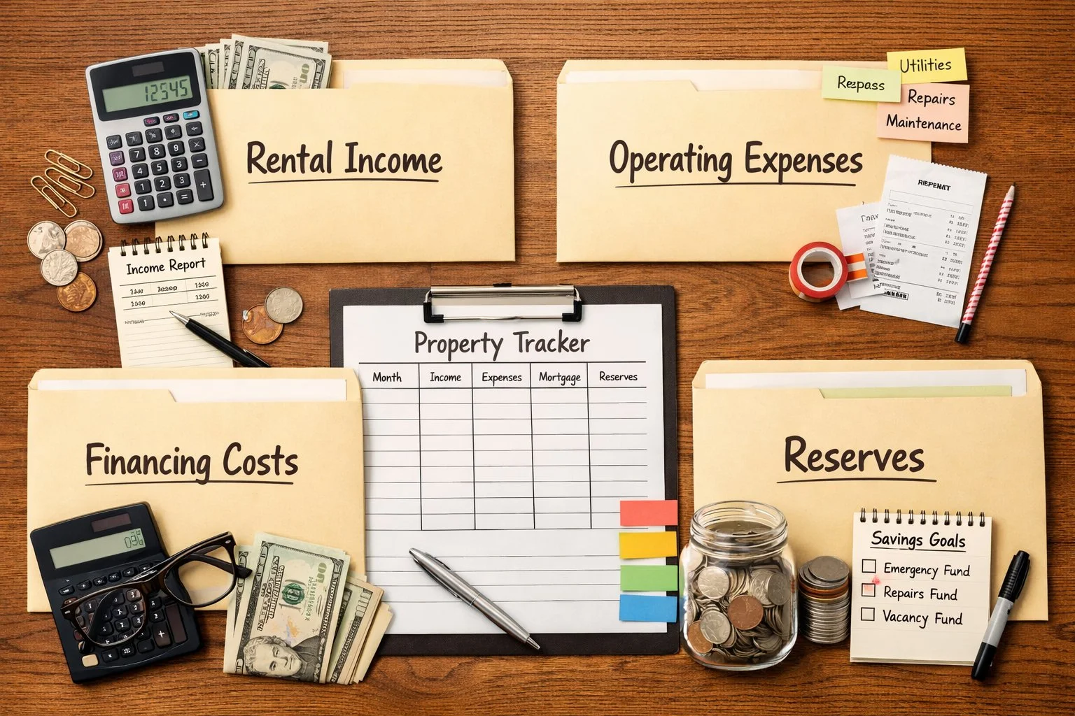 Flat lay of labeled envelopes or folders for rental income, operating expenses, financing costs, and reserves, arranged to illustrate financial tracking and organization.