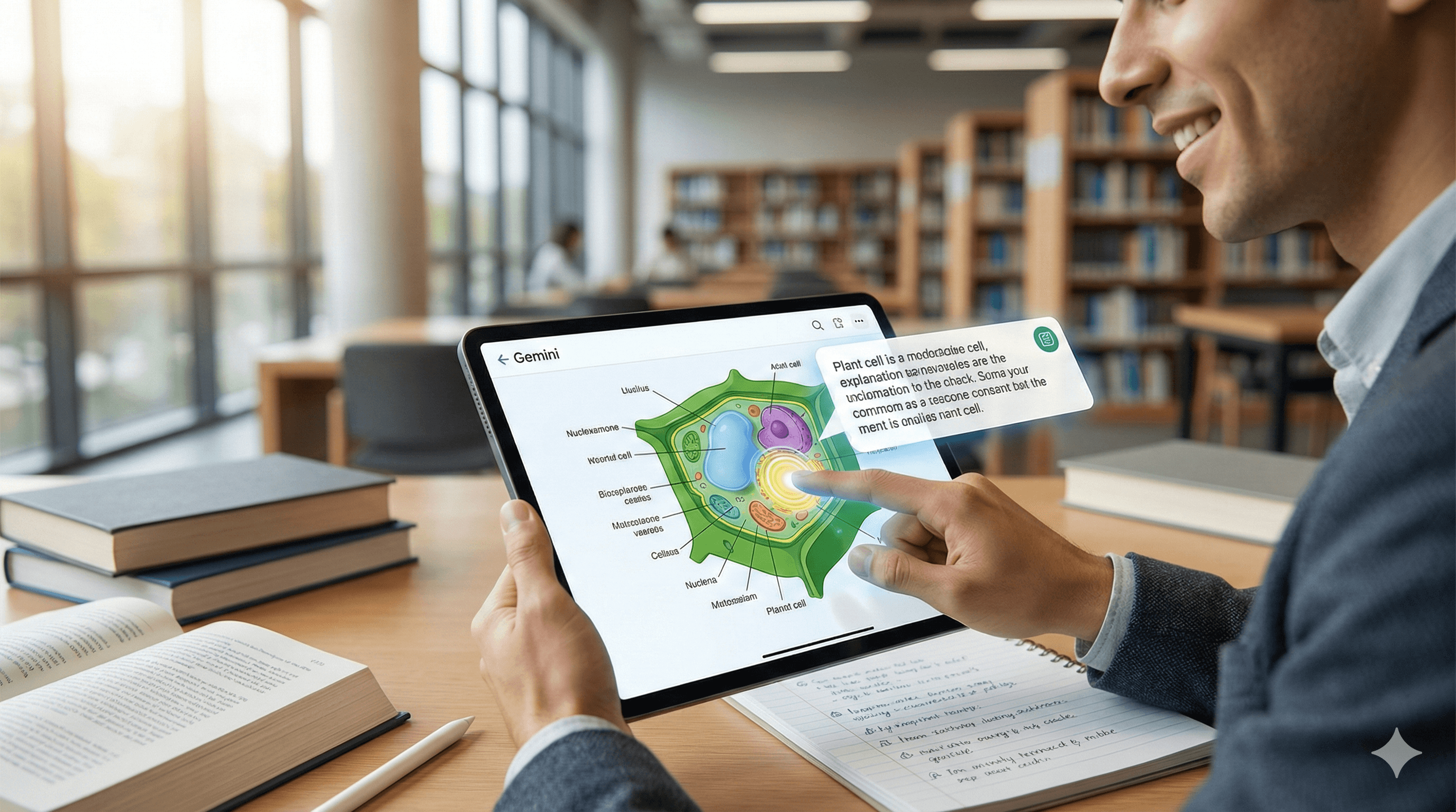 A person in a library interacts with an iPad displaying a Gemini app featuring colorful interactive images, while taking notes on paper beside stacked books.