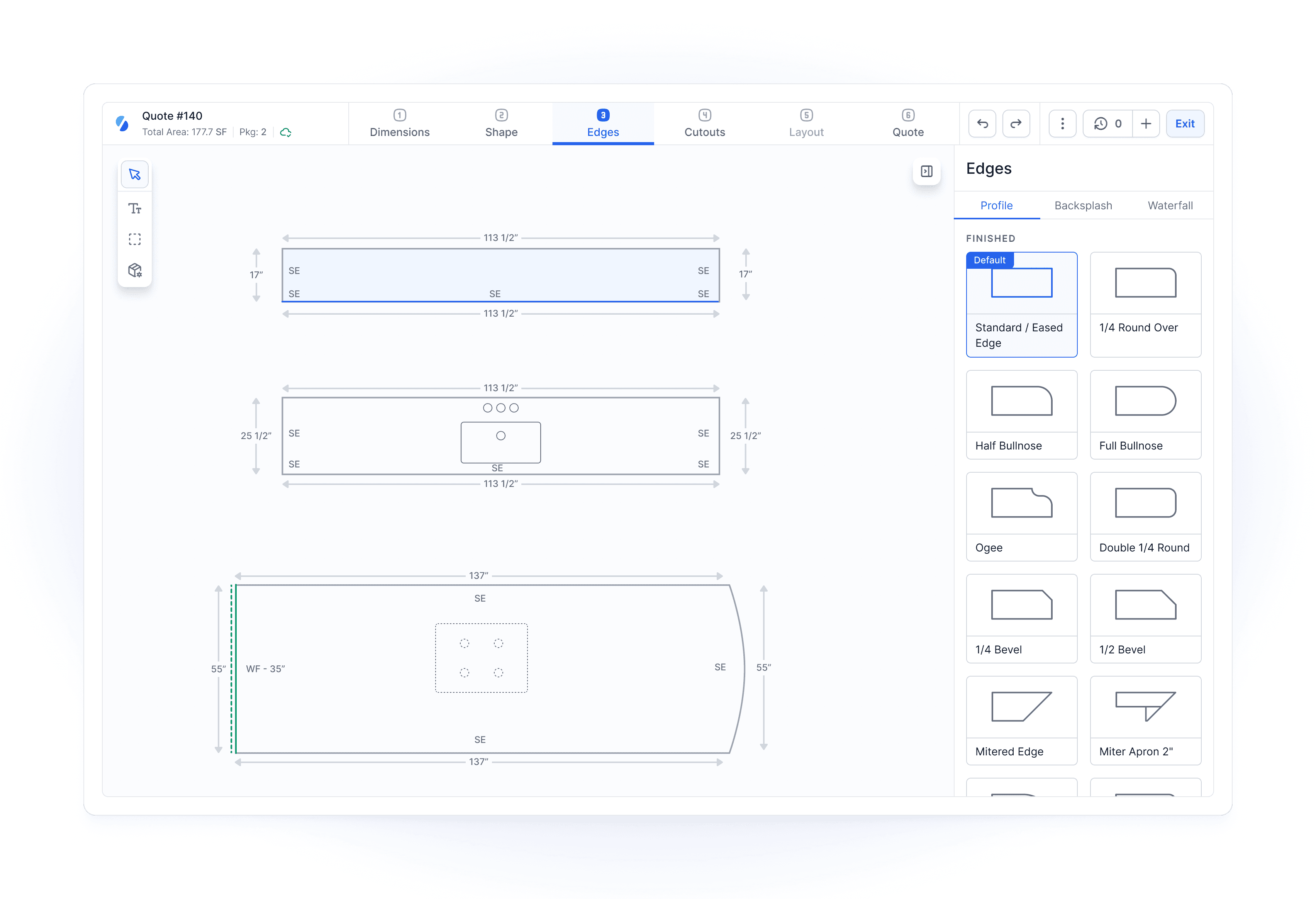 Stonify countertop drawing tool showing quote dimensions, edge selections, cutouts, and slab layout options.