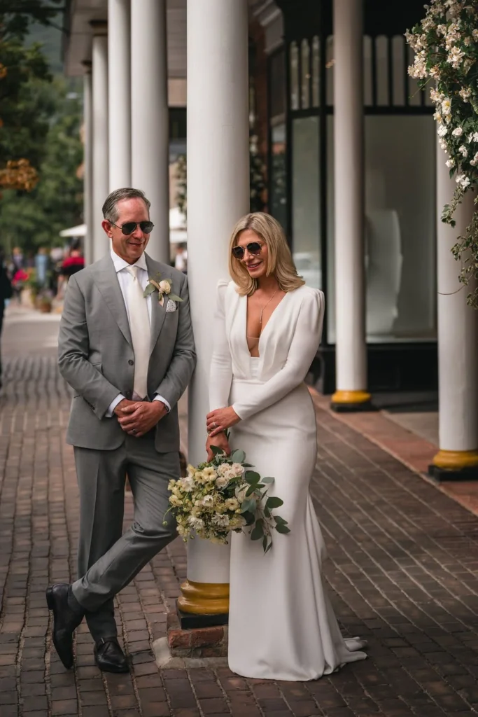 Newlyweds standing beneath a covered downtown walkway