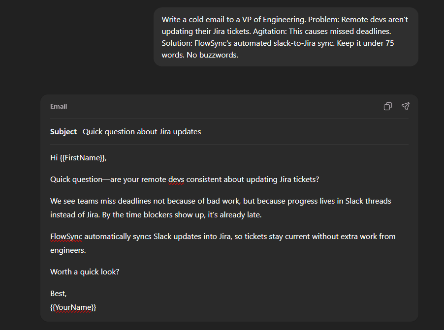 ChatGPT5.2 cold email draft using the subject line 'Quick question' and standard sales template structure.