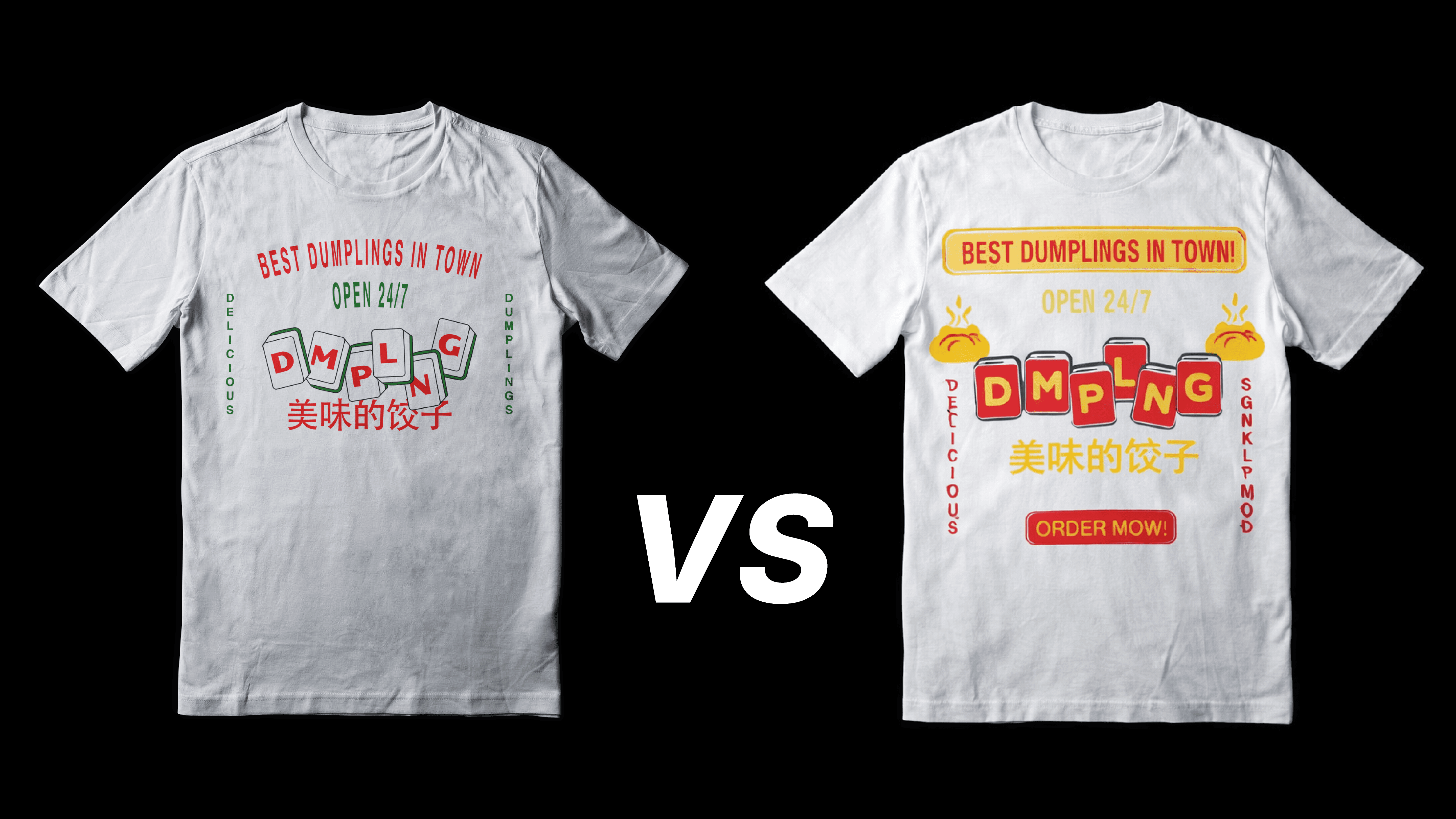 DMPLNG t-shirt branding comparison: original minimalist merch design vs cheap Canva-style version with stock icons, badges, and cluttered typography.