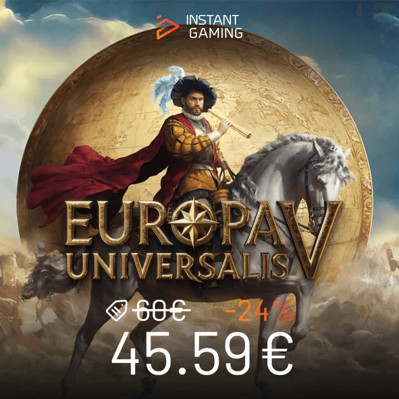 Jaquette Europa Universalis V – Jeu PC de stratégie historique avec cavalier explorateur, globe terrestre et cape rouge. Promo -24% sur Keyverse Gaming.