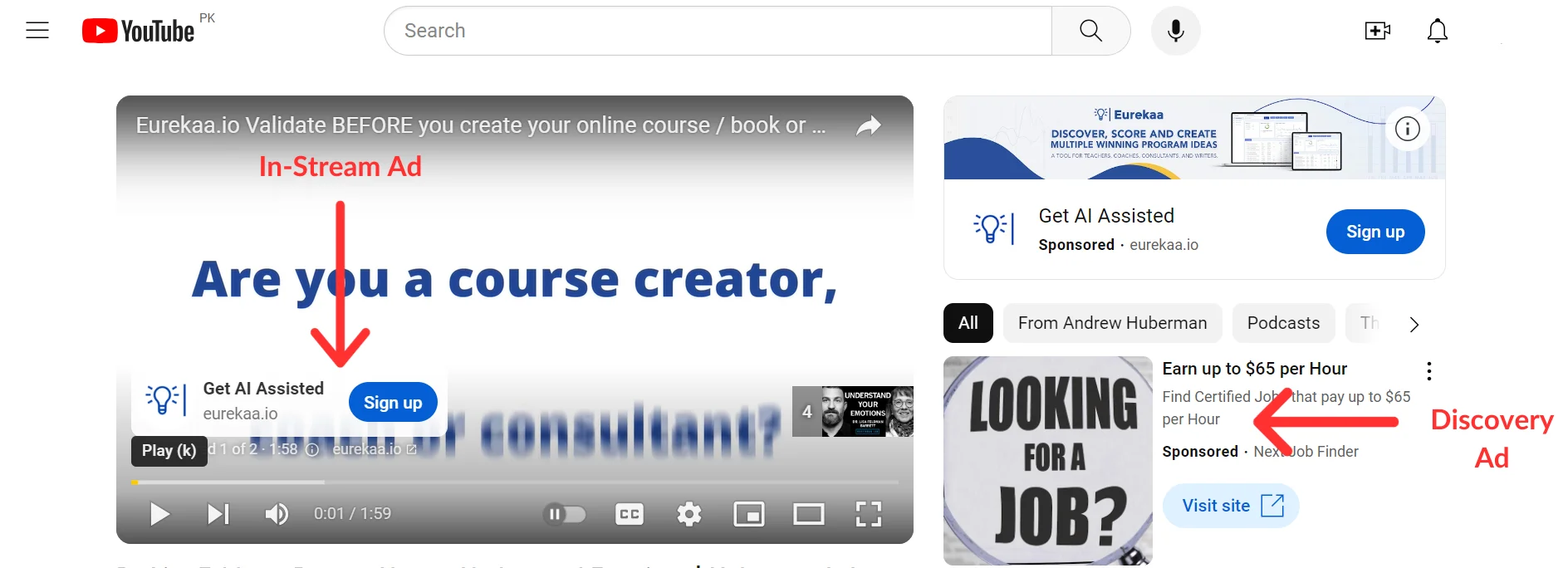 Visual explanation of instream and discovery youtube ads