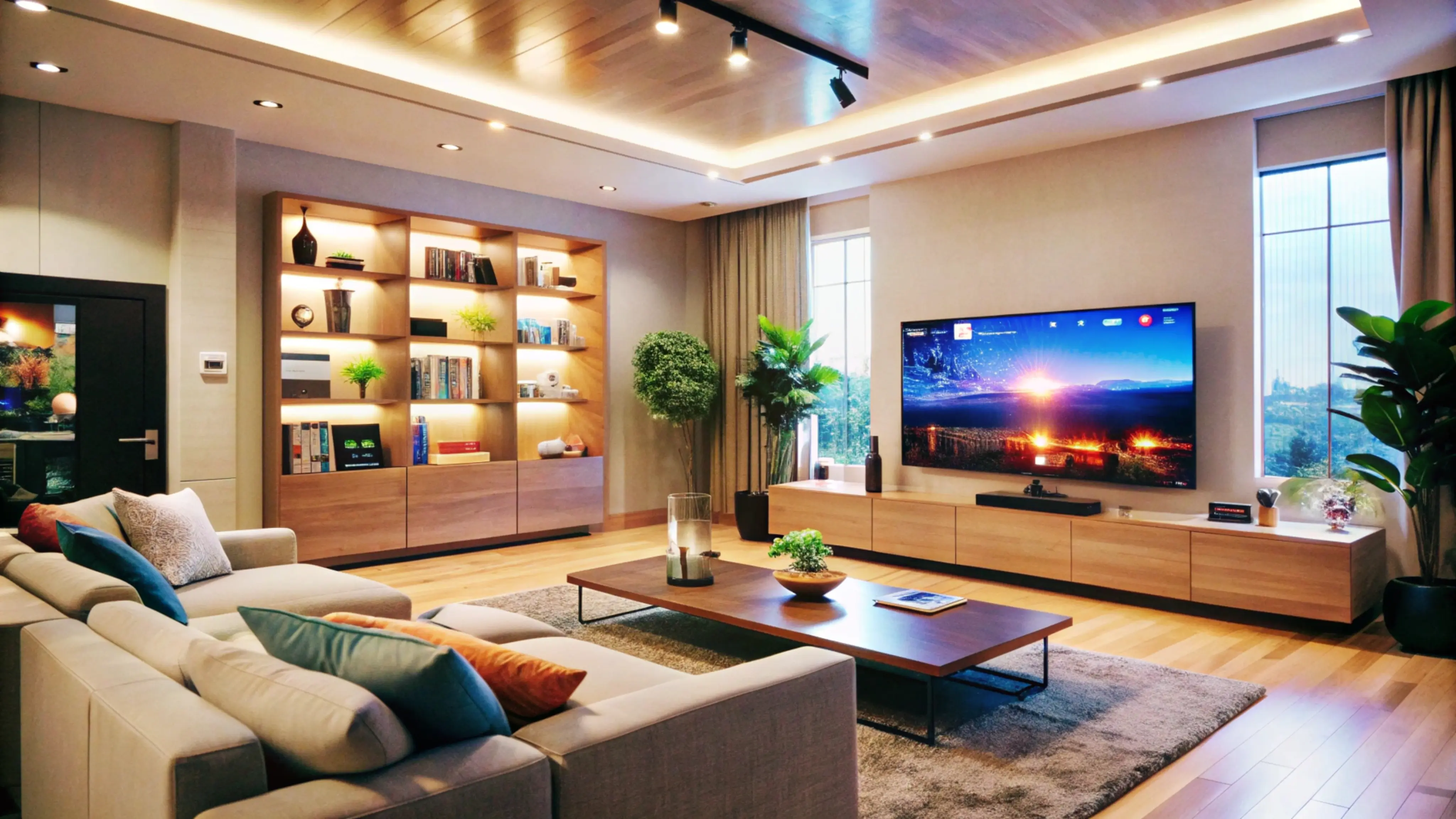 odern open-plan living room with built-in wooden shelving, a large TV, and warm lighting.