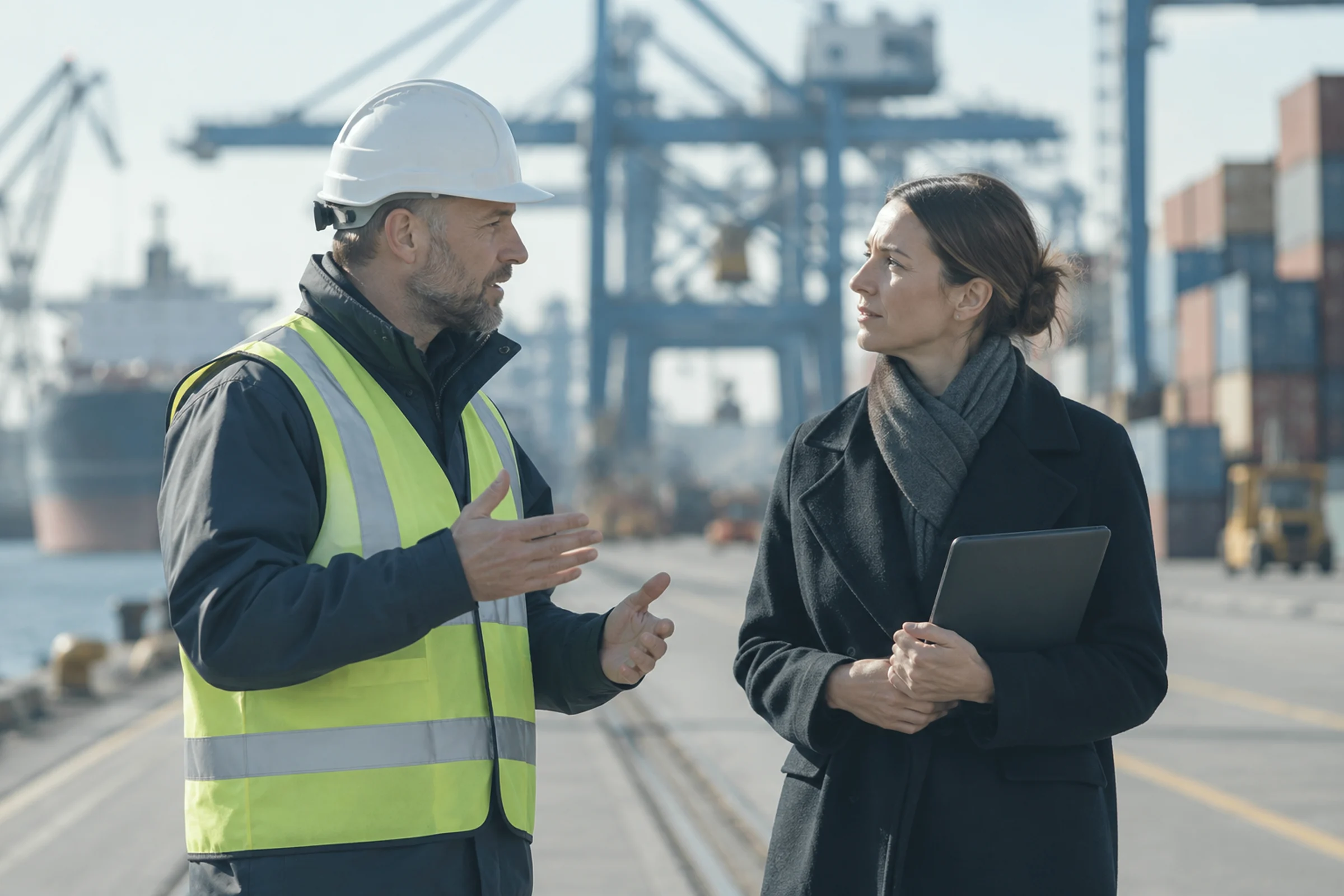 An operations director in a hi-vis vest talking with a consultant on a container quay