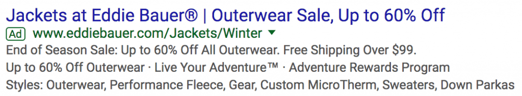 Google search ad for Eddie Bauer promotes jackets and outerwear up to 60% off. Text mentions free shipping over $99, styles like Performance Fleece and Down Parkas, and the Adventure Rewards Program.