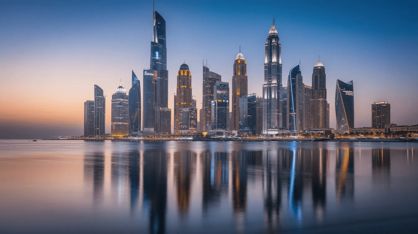 A stunning view of the modern Dubai cityscape at dusk, featuring illuminated office buildings that reflect beautifully on the water, showcasing the vibrant digital presence and creative solutions of a leading web design agency. The scene captures the essence of high-performance design and development in an urban landscape.