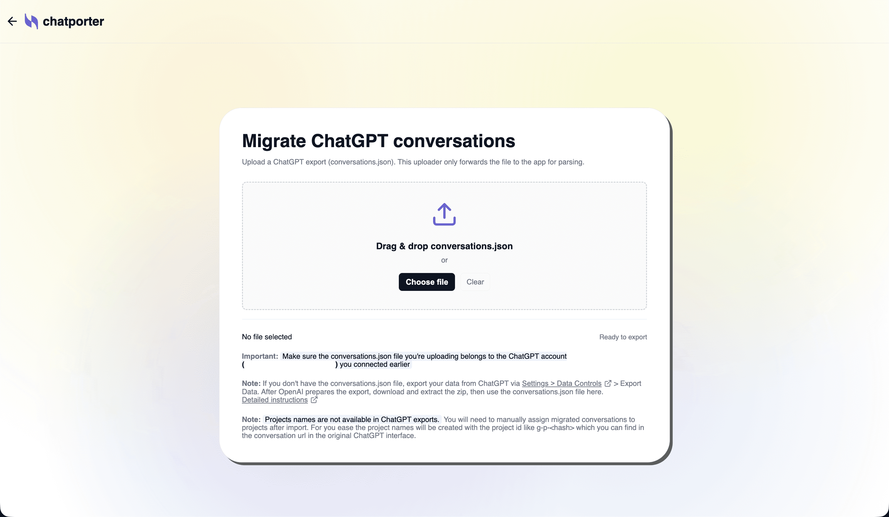 ChatPorter Upload file screen