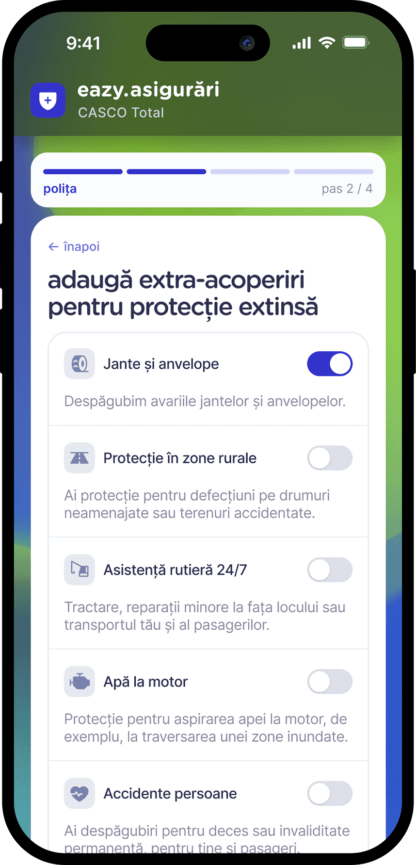 asul 2 în aplicația eazy: personalizezi polița cu extra-acoperiri, jante, protecție zone rurale, asistență rutieră 24/7 și altele