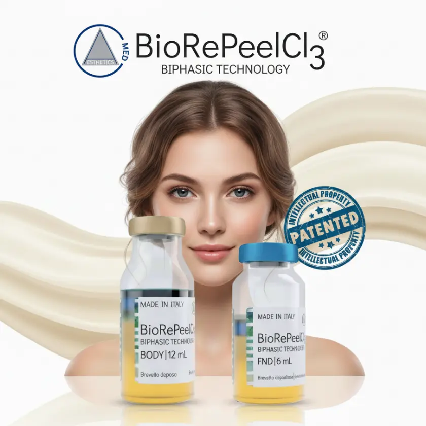 Opakowanie i fiolki preparatu BioRePeel na tle twarzy młodej kobiety o gładkiej skórze