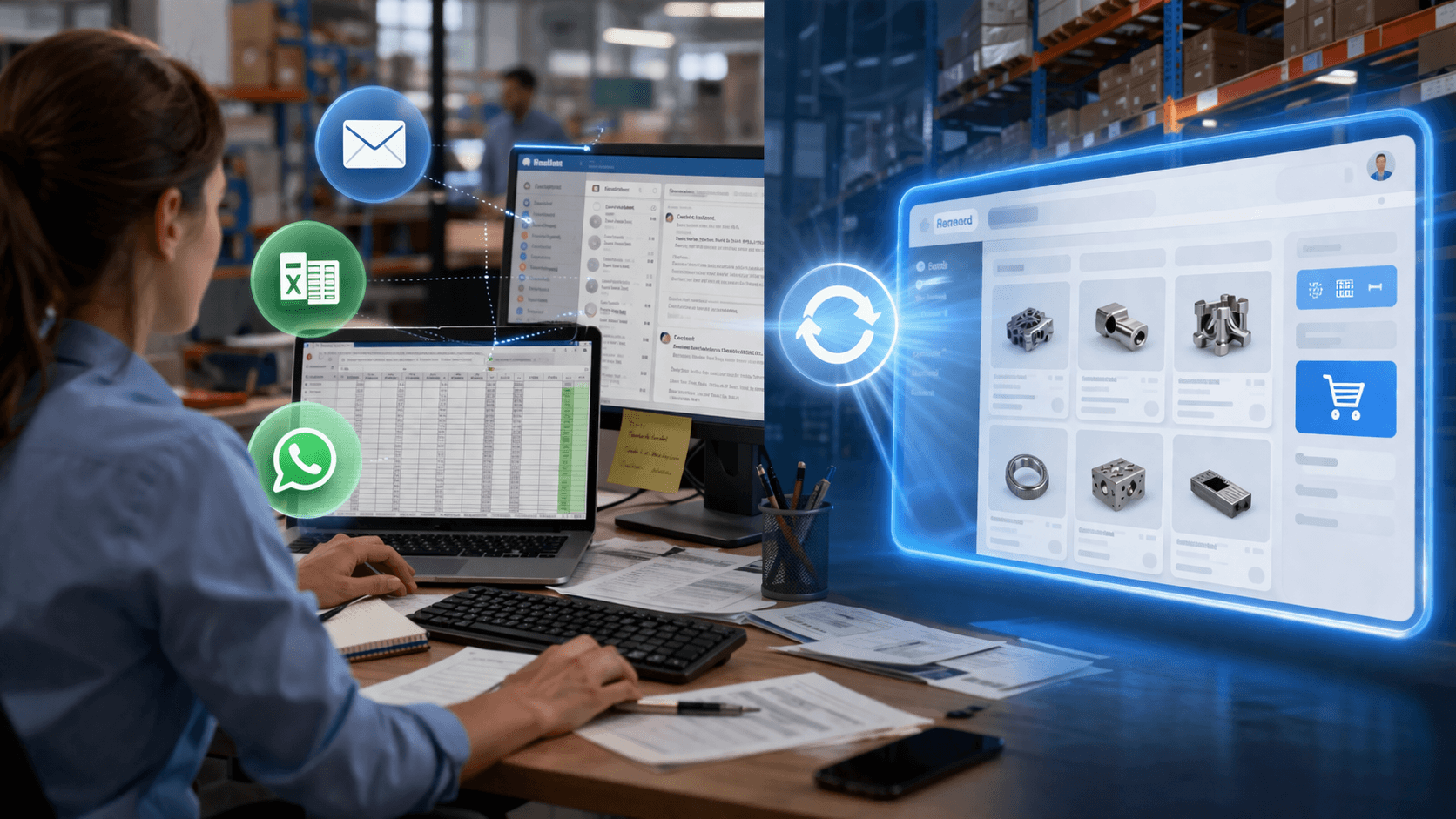 Cena em estilo realista 3D mostrando um ambiente dividido: de um lado, uma profissional trabalhando em uma mesa com computador, planilhas abertas e elementos que representam e-mail e WhatsApp; do outro, uma interface digital moderna de portal B2B com produtos organizados, conectada visualmente ao ambiente, sugerindo integração e fluxo automatizado entre sistemas.
