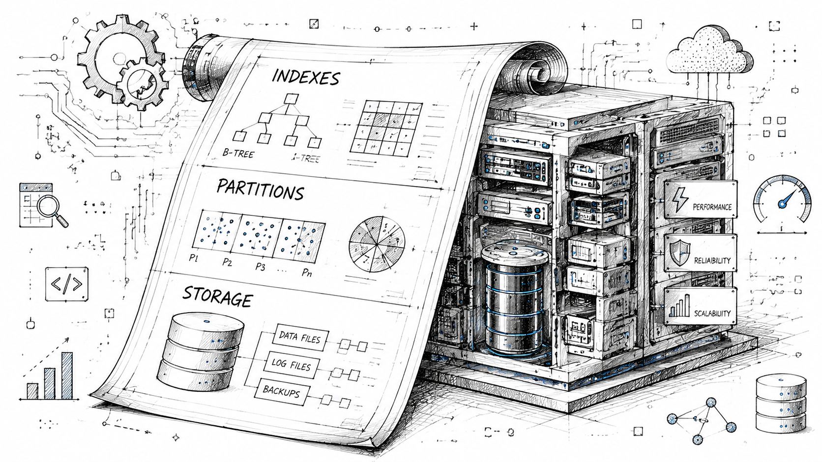 A detailed technical illustration depicting database architecture, including indexes, data partitioning, and storage concepts on server hardware.