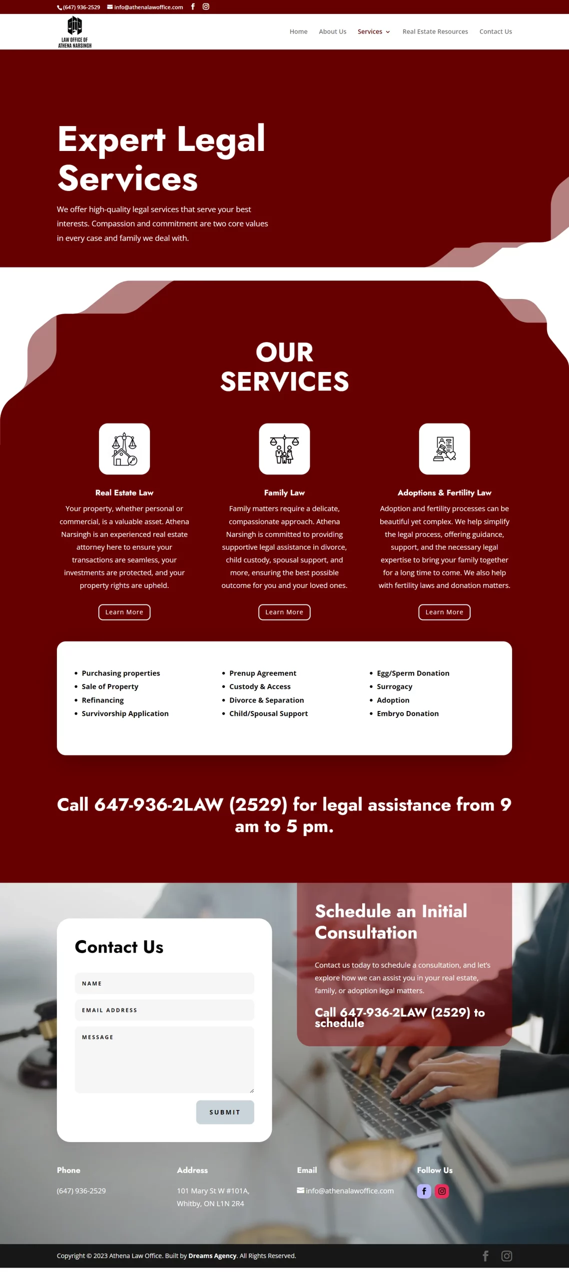 services page for athenalawoffice website developed & designed by Dreams Agency Mississauga, Ontario