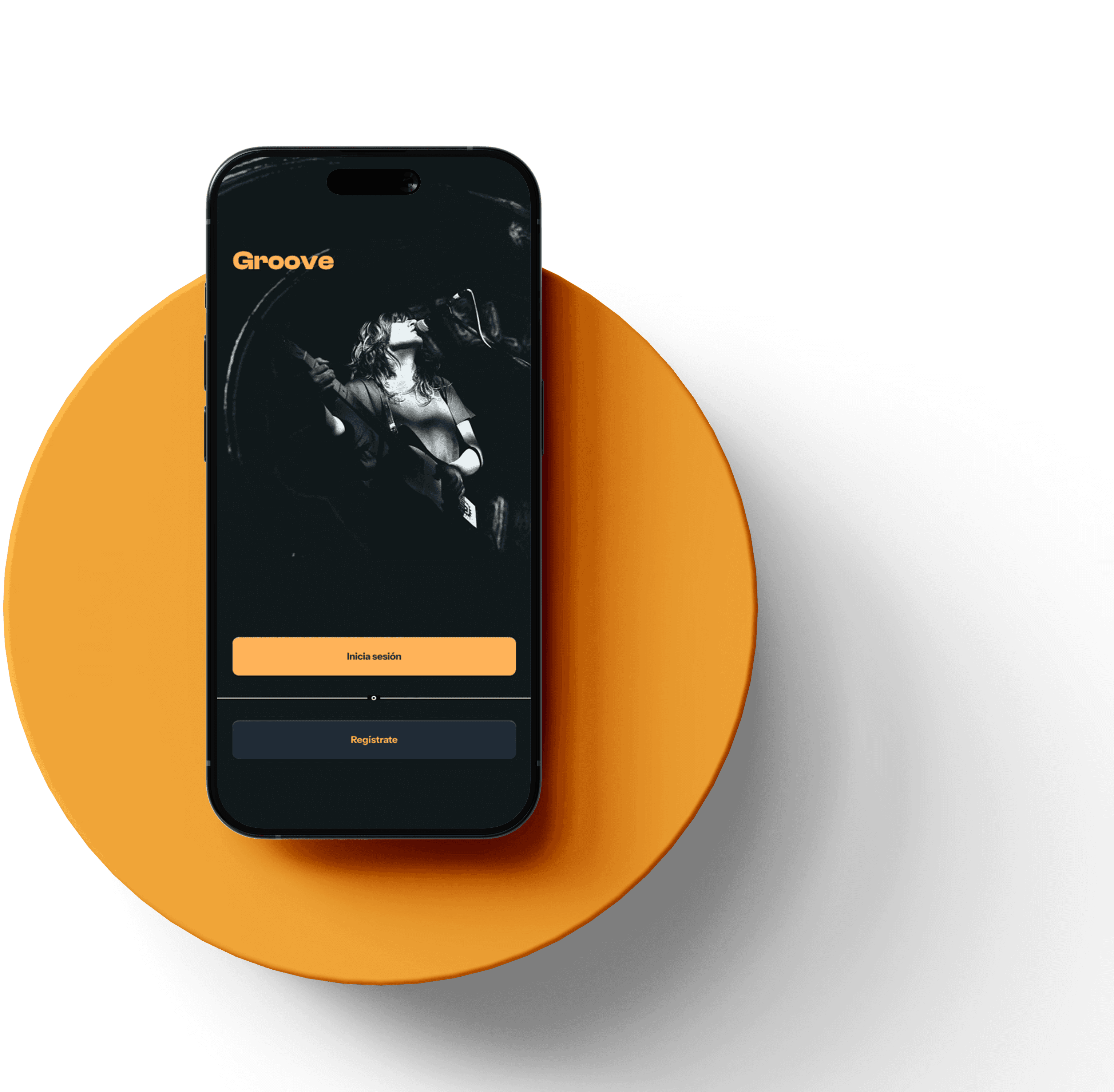 Mockup de la app Groove en smartphone con pantalla de inicio