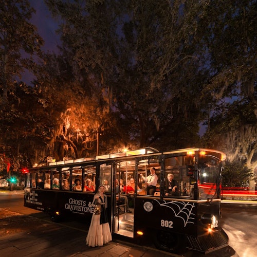 夜间电车游览,名为“幽灵与墓碑”,乘客在车内,身着戏服的导游站在车外。
